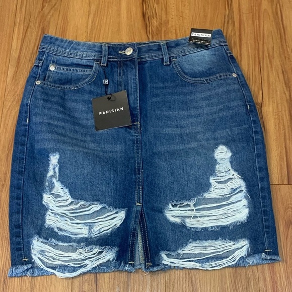 Parisian Midi Distressed Jean Denim Raw Hem Skirt - Picture 4 of 12